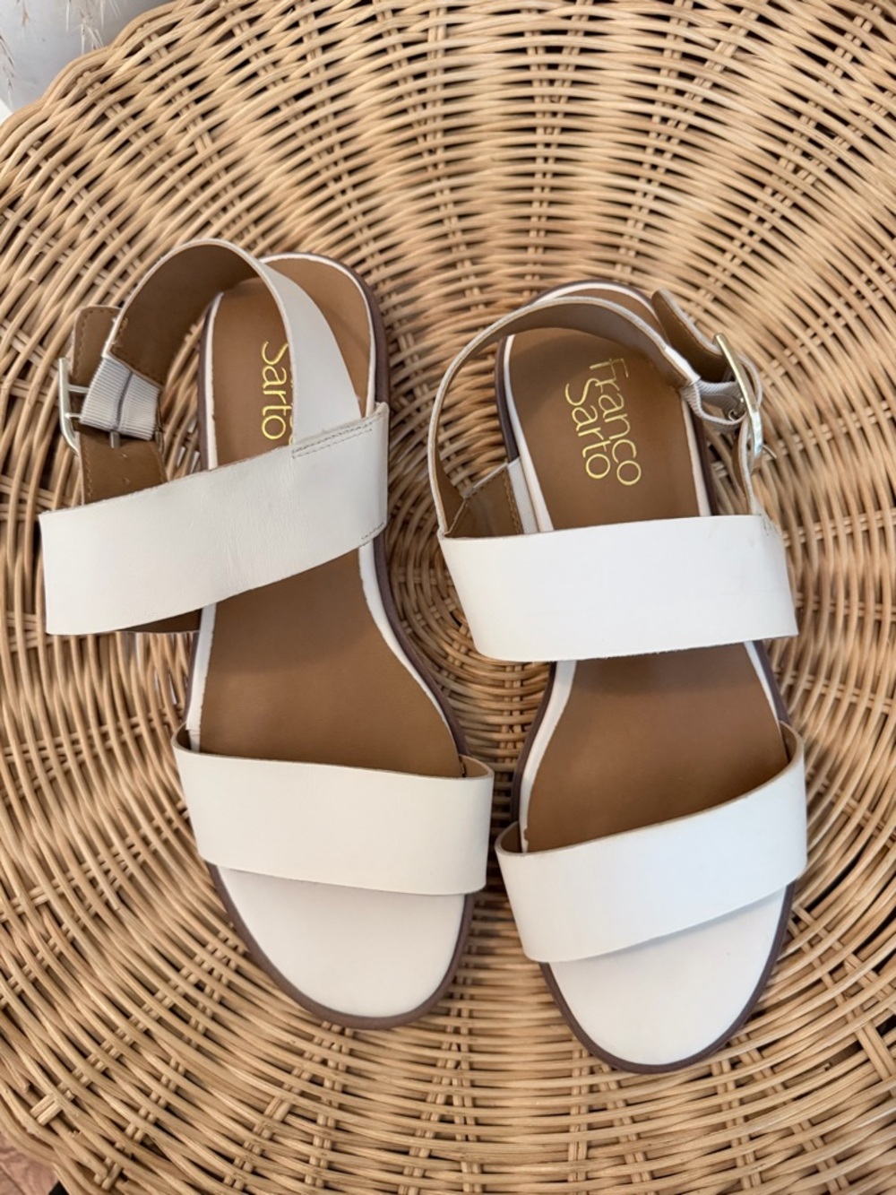Franco Sarto White Leather Two-Strap Buckle Sandals